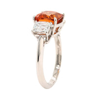 Platinum 3 Stone Cushion Spessartite Garnet and Diamond Ring