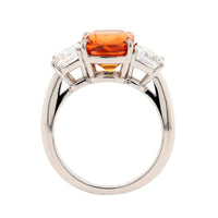 Platinum 3 Stone Cushion Spessartite Garnet and Diamond Ring