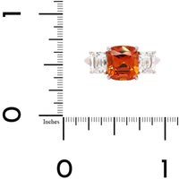 Platinum 3 Stone Cushion Spessartite Garnet and Diamond Ring