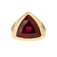 18K Yellow Gold Bezel Set Trillion Shaped Rubellite and Diamond Ring
