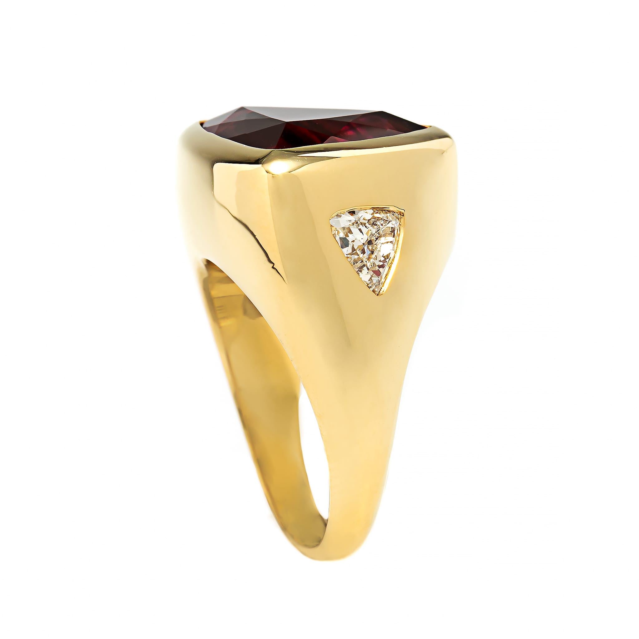 18K Yellow Gold Bezel Set Trillion Shaped Rubellite and Diamond Ring ...