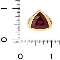 18K Yellow Gold Bezel Set Trillion Shaped Rubellite and Diamond Ring