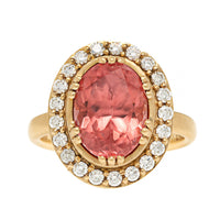 18K Yellow Gold Oval Rhodochrosite and Diamond Halo Ring