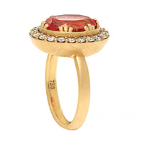 18K Yellow Gold Oval Rhodochrosite and Diamond Halo Ring