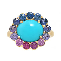 Julia Chafe 14K Yellow Gold Rainbow Colored Sapphire and Turquoise Twilight Ring
