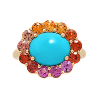 Julia Chafe 14K Yellow Gold Rainbow Colored Sapphire and Turquoise Sunset Ring