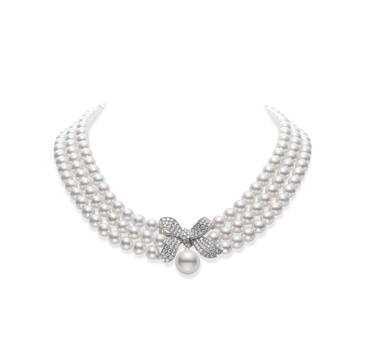 Mikimoto 18K White Gold Triple Strand Akoya Pearl Diamond Necklace
