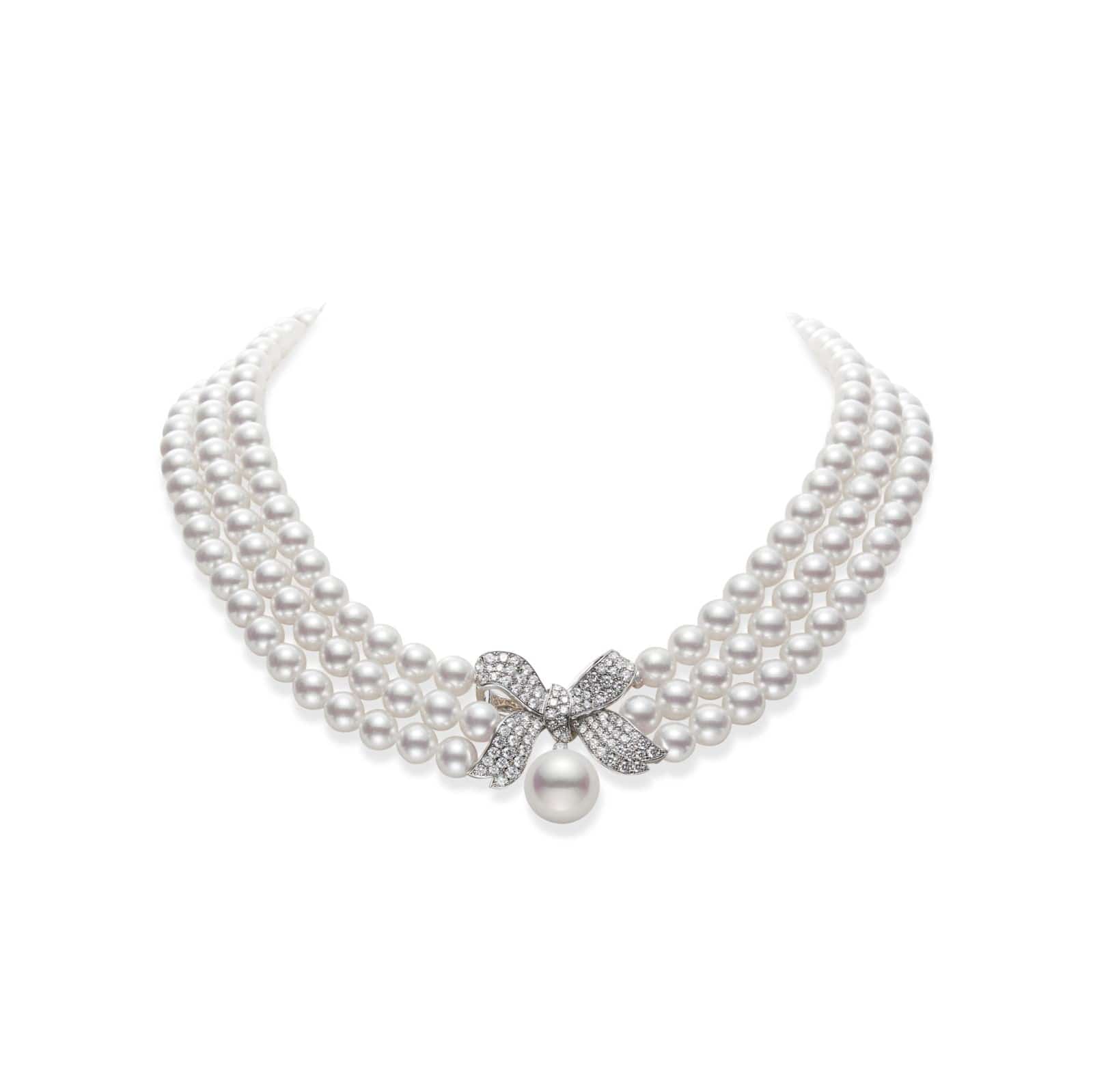Mikimoto 18K White Gold Triple Strand Akoya Pearl Diamond Necklace
