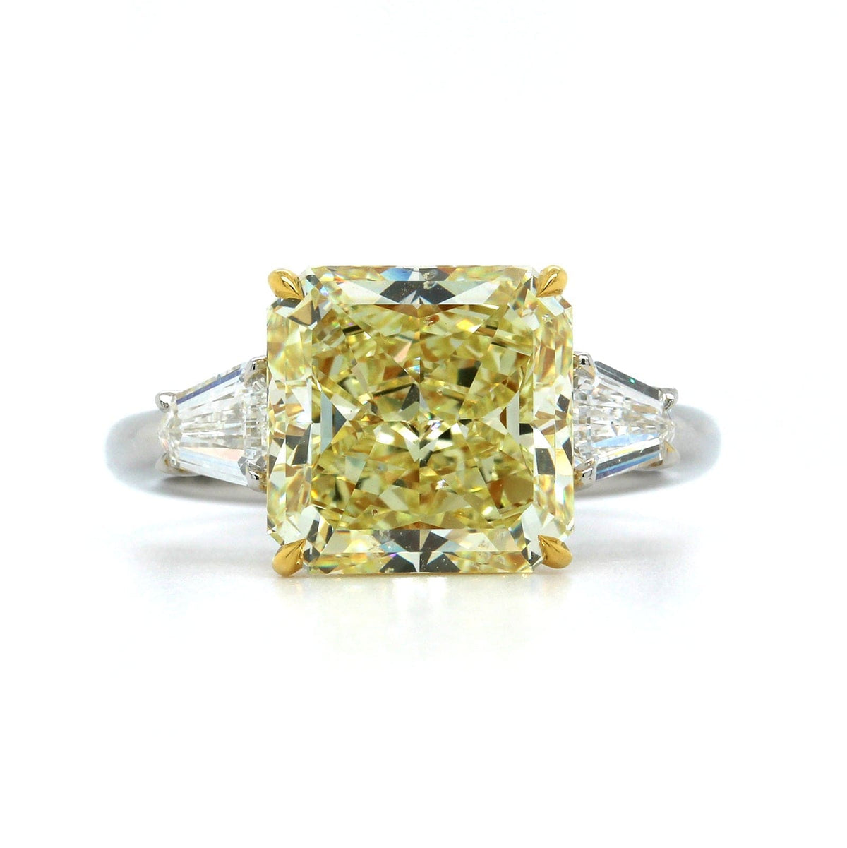 Platinum Radiant Cut Fancy Yellow Diamond 3 Stone Engagement Ring
