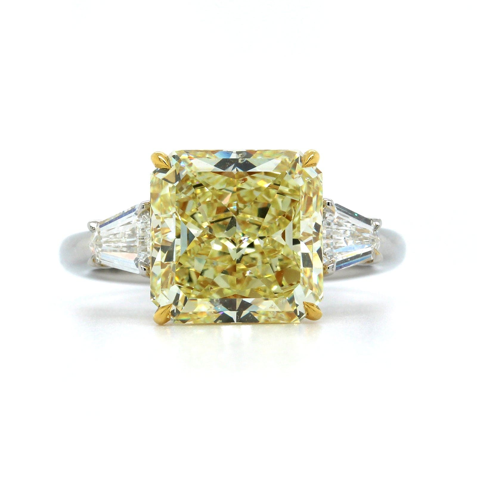 Platinum Radiant Cut Fancy Yellow Diamond 3 Stone Engagement Ring