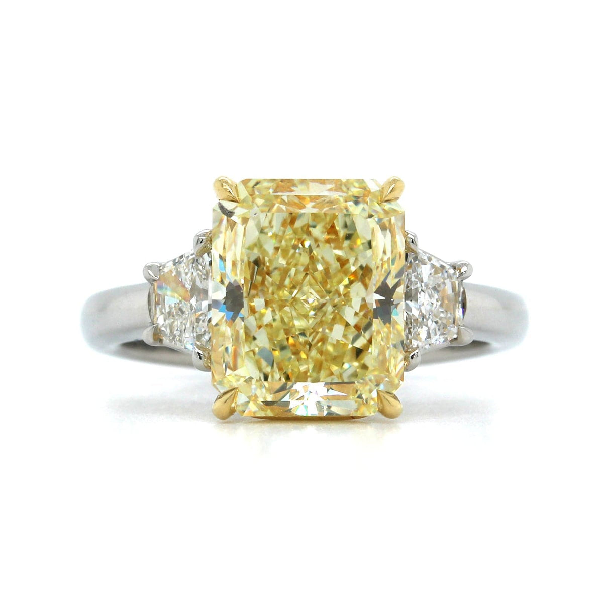 Platinum Radiant Cut Fancy Yellow Diamond 3 Stone Engagement Ring