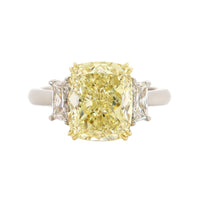 Platinum and 18K Yellow Gold 3 Stone Yellow Cushion Cut Diamond Engagement Ring