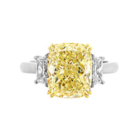 Platinum and 18K Yellow Gold 3 Stone Yellow Cushion Cut Diamond Engagement Ring