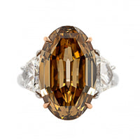 Platinum and 18K Yellow Gold 3 Stone Brown Oval Cut Diamond Engagement Ring