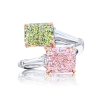 Platinum and 18K Rose Gold Radiant Cut Fancy Pink and Green Diamond Bypass Ring