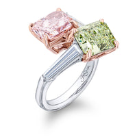 Platinum and 18K Rose Gold Radiant Cut Fancy Pink and Green Diamond Bypass Ring