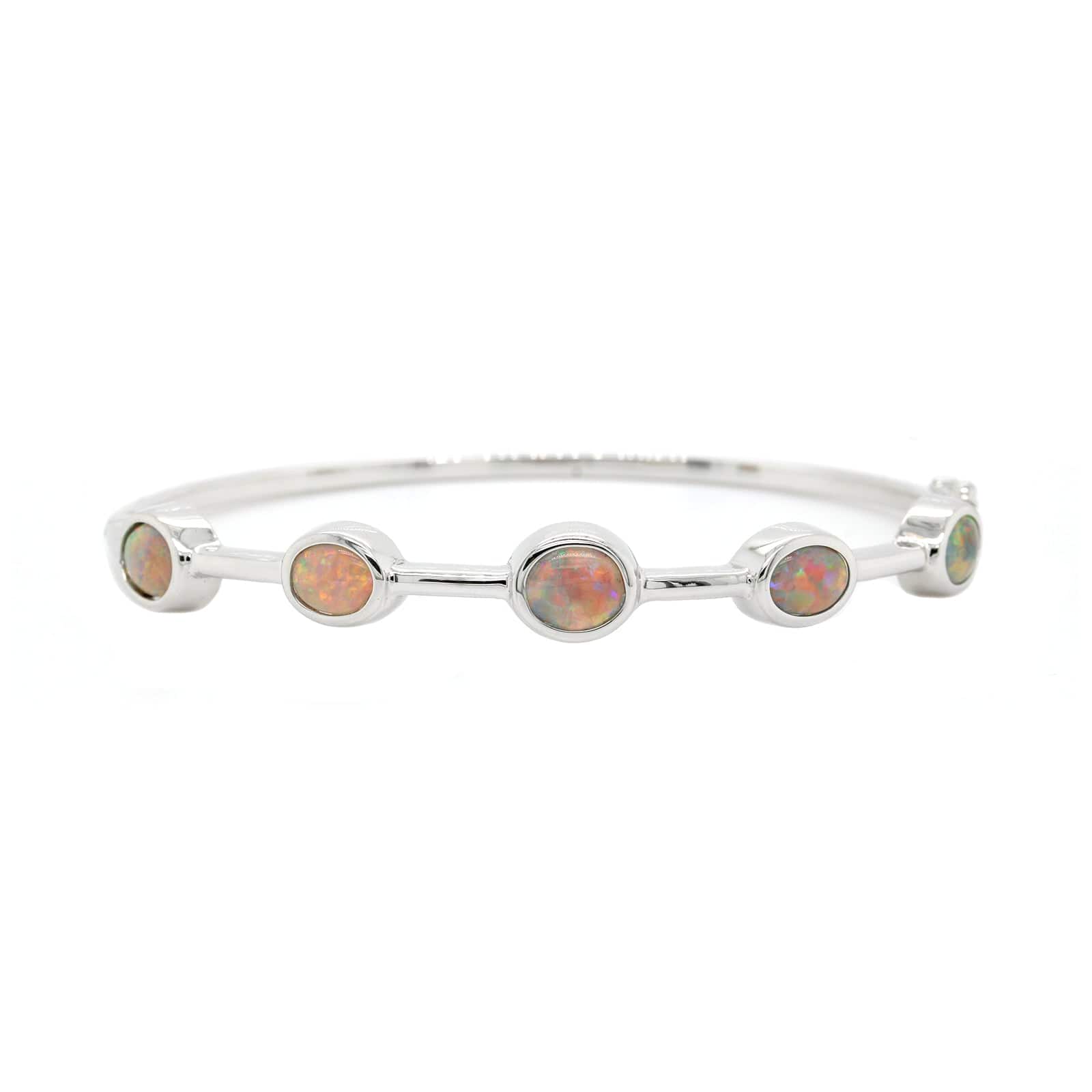 18K White Gold Bezel Set Oval Opal Bangle Bracelet