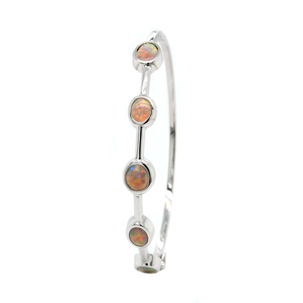 18K White Gold Bezel Set Oval Opal Bangle Bracelet