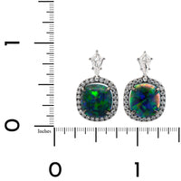 18K White Gold Cushion Cut Opals & Diamond Halo Huggie Earrings