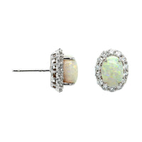 18K White Gold Oval Opal and Diamond Halo Stud Earrings