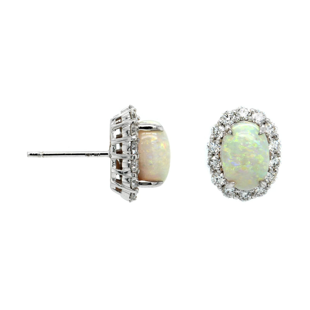 18K White Gold Oval Opal and Diamond Halo Stud Earrings