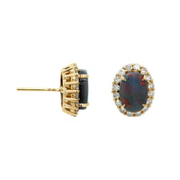 18K Yellow Gold Oval Opal and Diamond Halo Stud Earrings