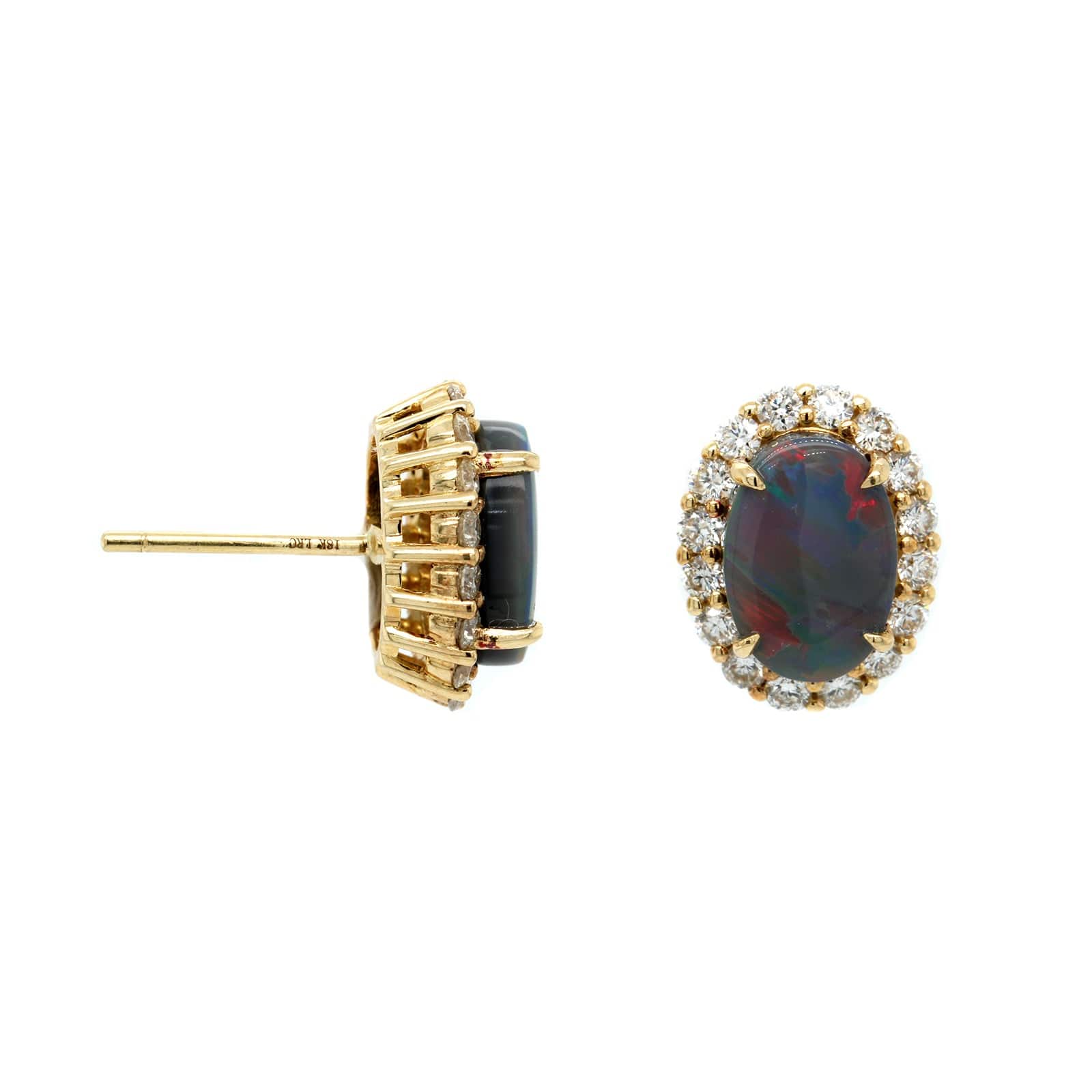 18K Yellow Gold Oval Opal and Diamond Halo Stud Earrings