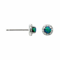18K White Gold Round Opal and Diamond Halo Stud Earrings