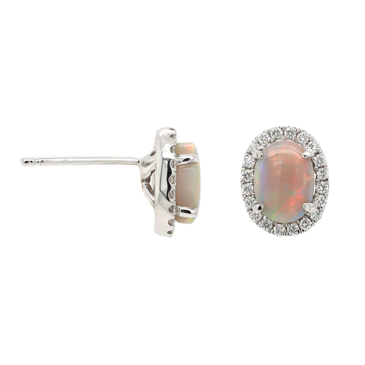 18K White Gold Oval Opal & Diamond Halo Earrings