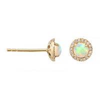 14K Yellow Gold Opal and Diamond Halo Stud Earrings