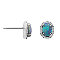 18K White Gold Oval Opal and Diamond Halo Earrings