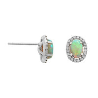 18K White Gold Oval Opal and Diamond Halo Earrings