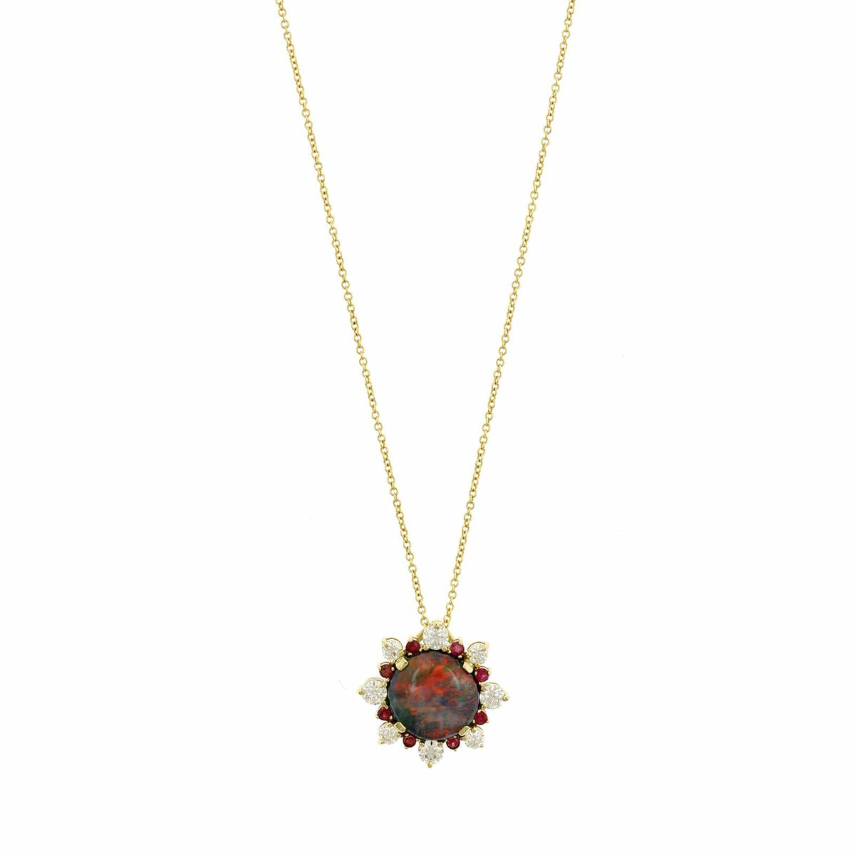 18K Yellow Gold Round Opal and Diamond Pendant Necklace