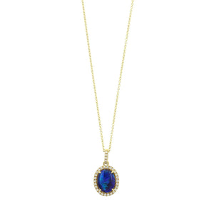 18K Yellow Gold Oval Blue Opal & Diamond Halo Pendant Necklace