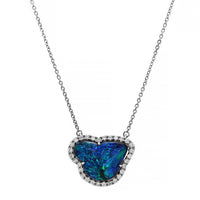 Platinum Uniquely Shaped Blue Opal and Diamond Halo Pendant Necklace