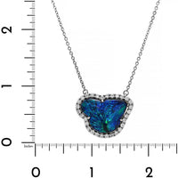 Platinum Uniquely Shaped Blue Opal and Diamond Halo Pendant Necklace