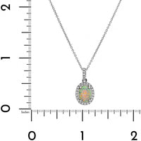 18K White Gold Oval Opal and Diamond Halo Pendant Necklace