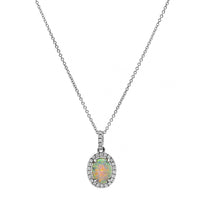 18K White Gold Oval Opal and Diamond Halo Pendant Necklace