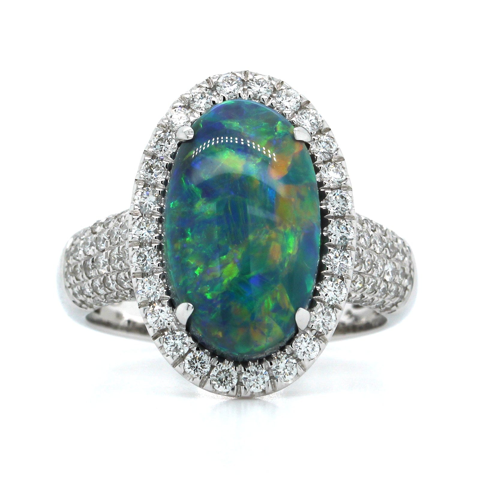18K White Gold Oval Lightning Ridge Opal & Diamond Halo Ring