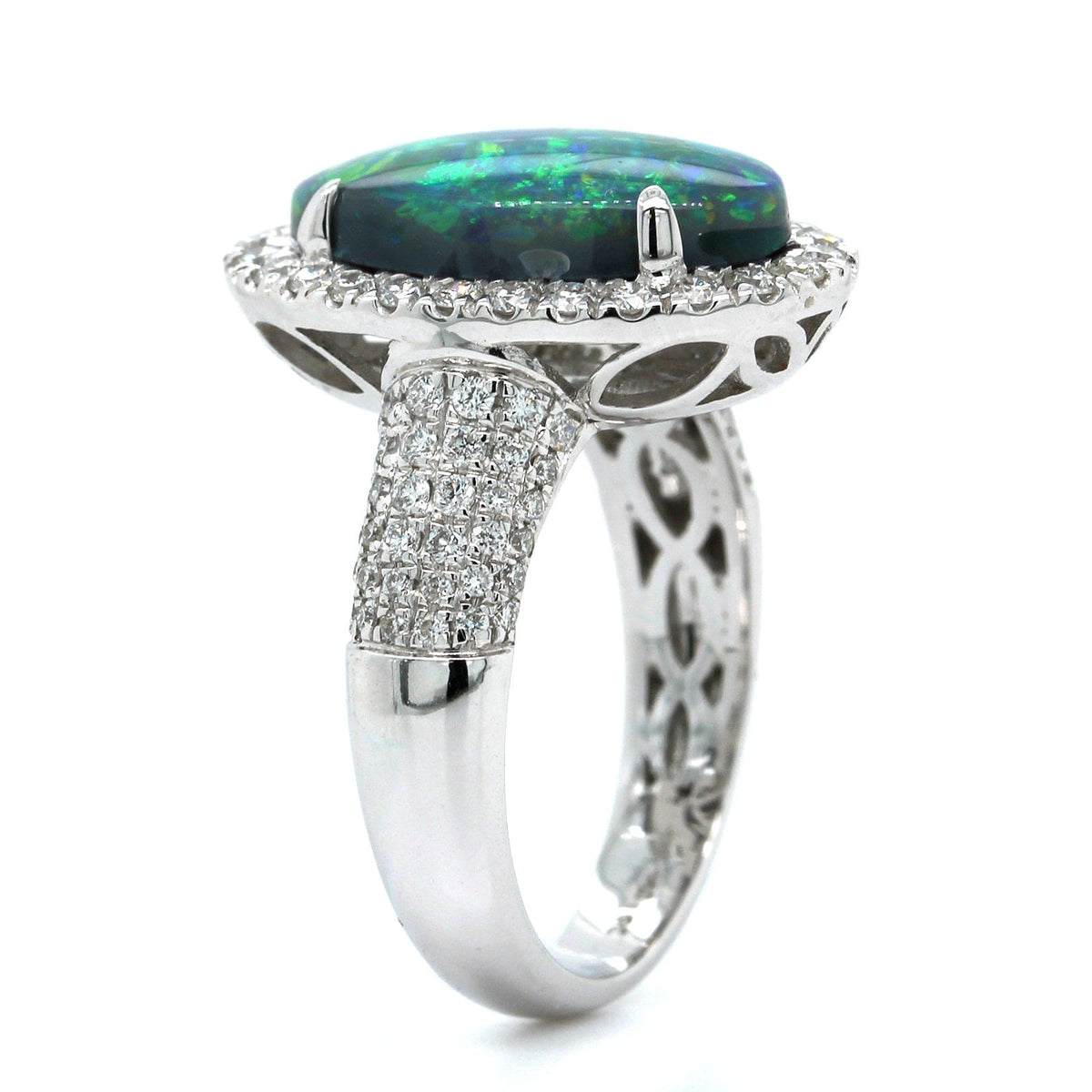 18K White Gold Oval Lightning Ridge Opal & Diamond Halo Ring