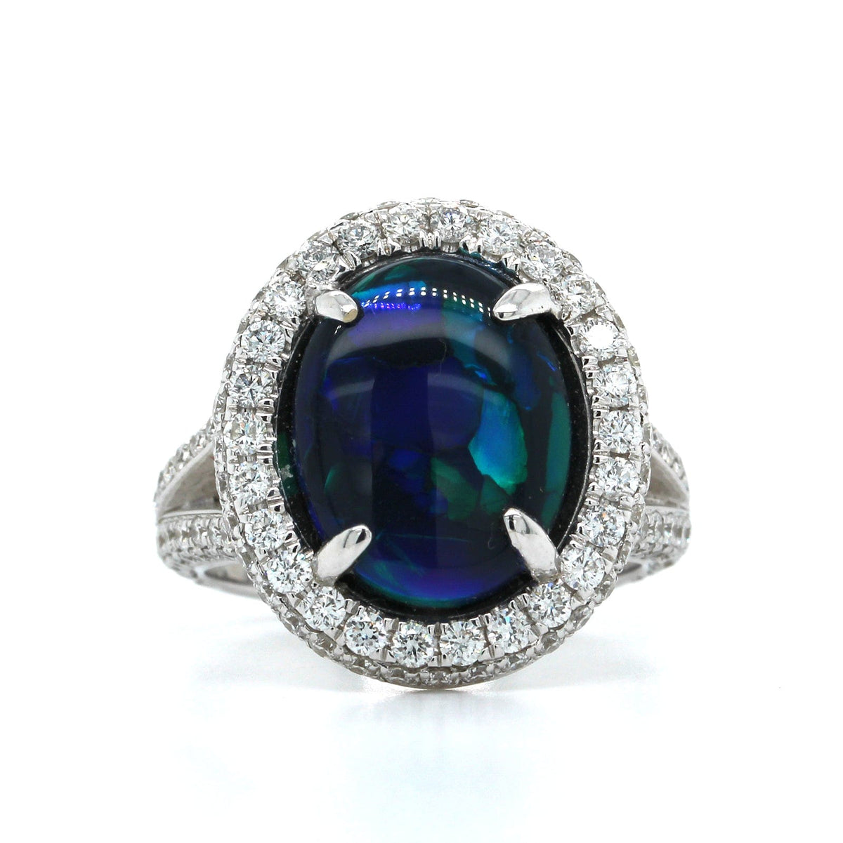 18K White Gold Oval Lightning Ridge Opal & Diamond Halo Ring