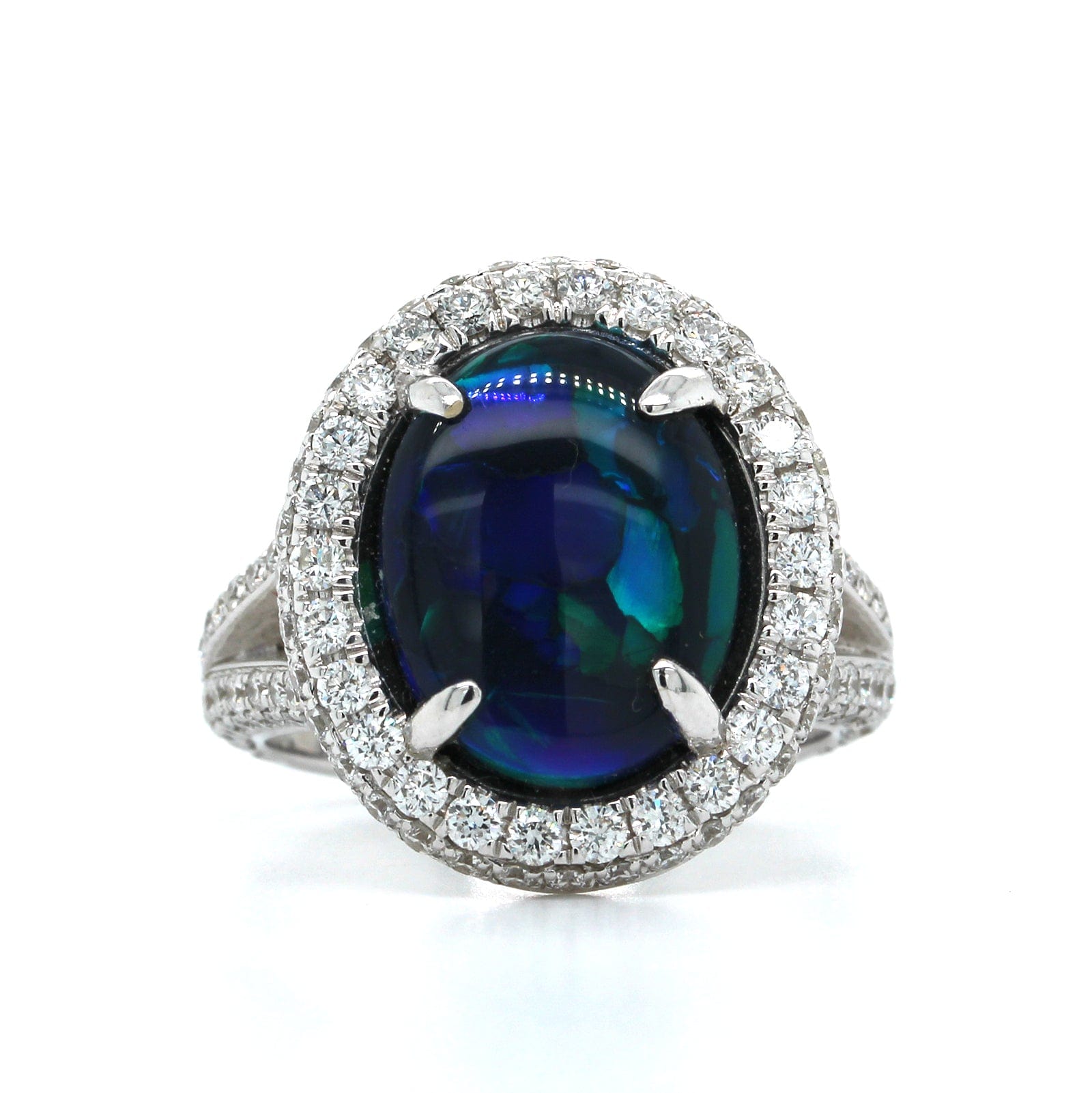 18K White Gold Oval Lightning Ridge Opal & Diamond Halo Ring
