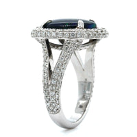18K White Gold Oval Lightning Ridge Opal & Diamond Halo Ring