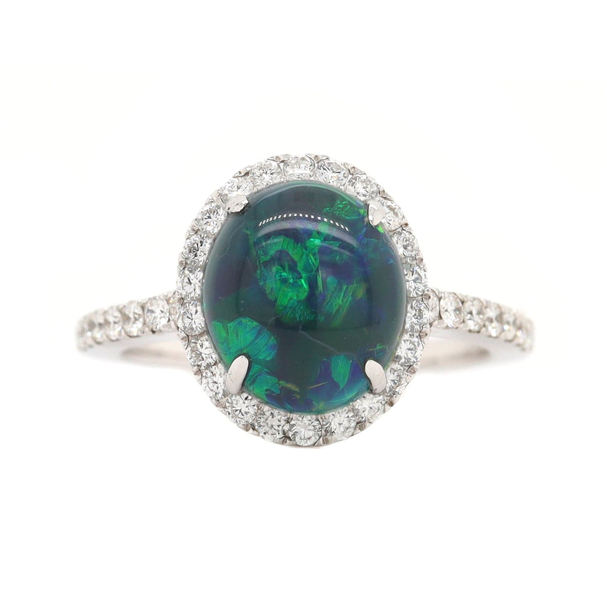 18K White Gold Oval Lightning Ridge Opal & Diamond Halo Ring