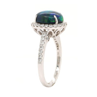 18K White Gold Oval Lightning Ridge Opal & Diamond Halo Ring