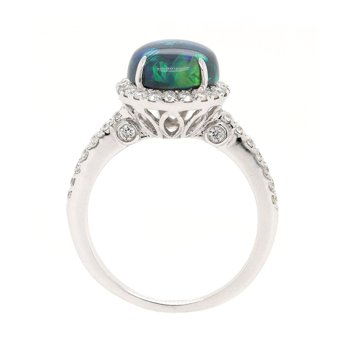 18K White Gold Oval Lightning Ridge Opal & Diamond Halo Ring