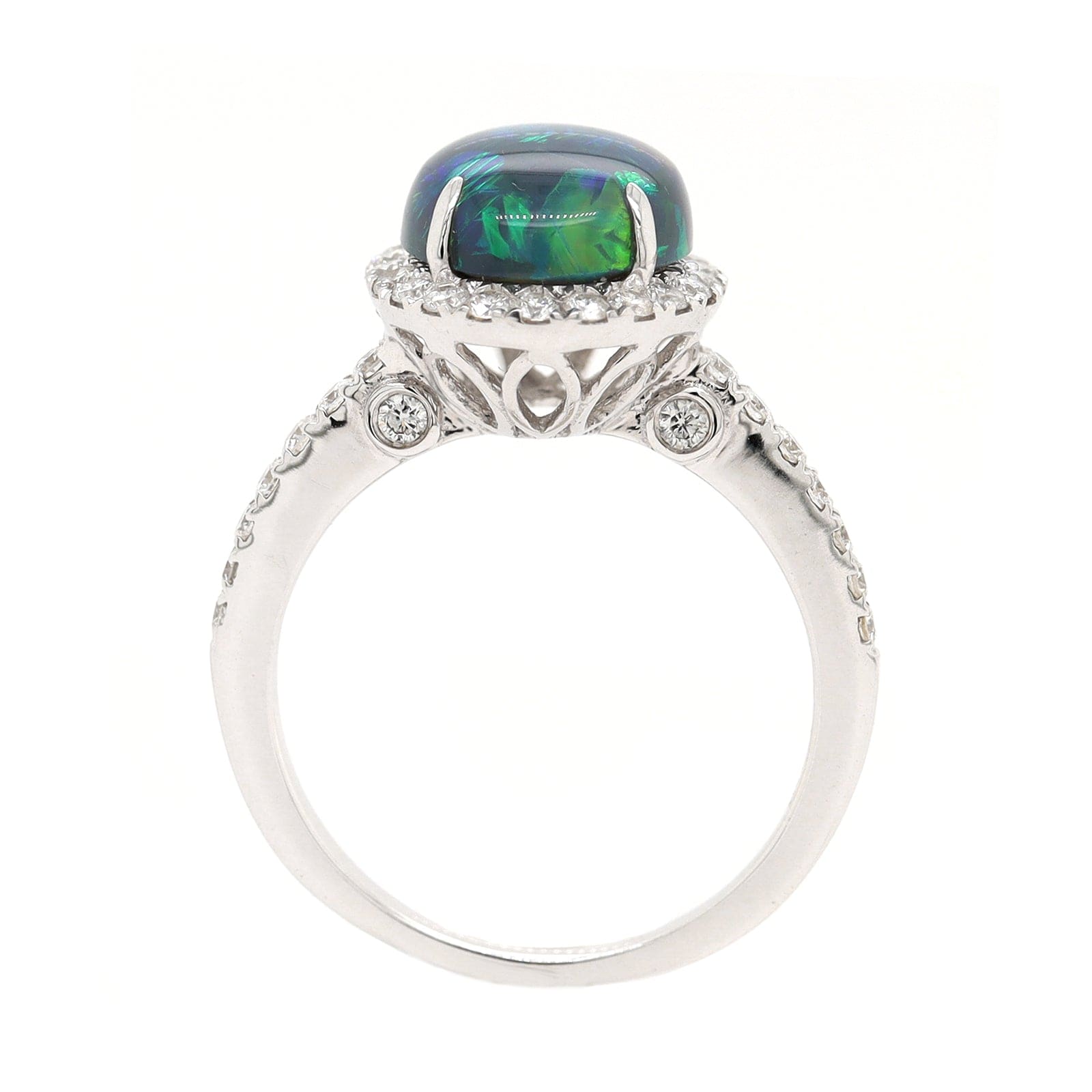 18K White Gold Oval Lightning Ridge Opal & Diamond Halo Ring