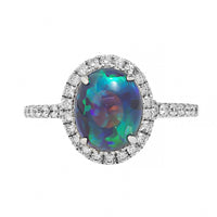 18K White Gold Oval Lightning Ridge Opal and Diamond Halo Ring