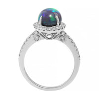 18K White Gold Oval Lightning Ridge Opal and Diamond Halo Ring