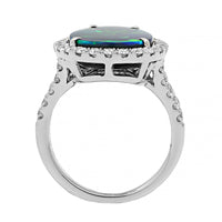 18K White Gold Pear Shaped Lightning Ridge Opal and Diamond Halo Ring